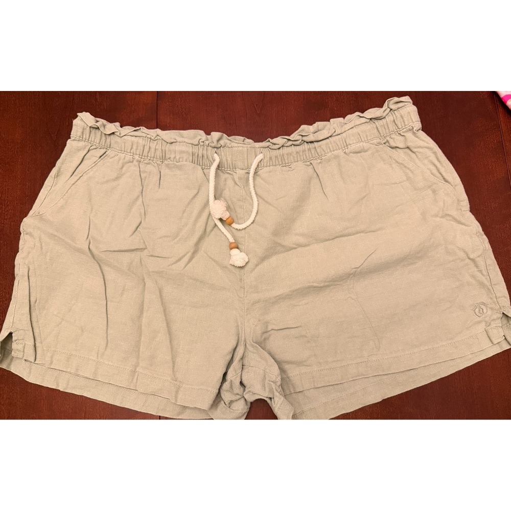 Hang Ten Shorts Womens XL Green Linen Blend Paperbag Waist Tassel Drawstring